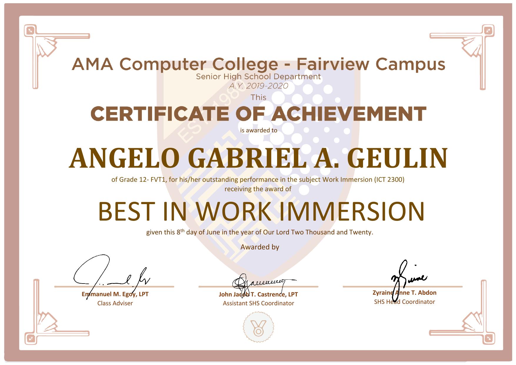 AMA Computer College Best in Work Immersion certificate