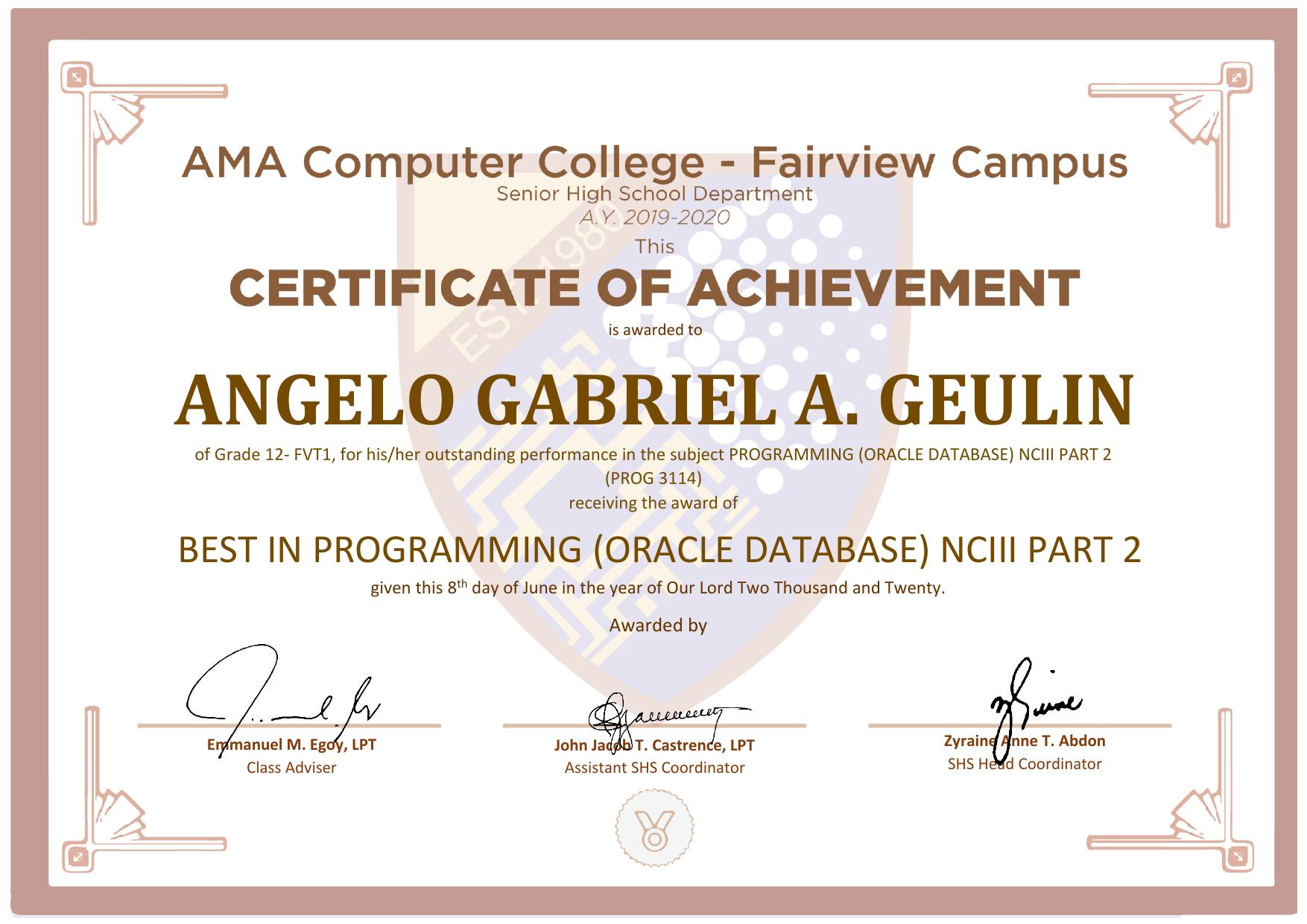 AMA Computer College Best in Programming certificate